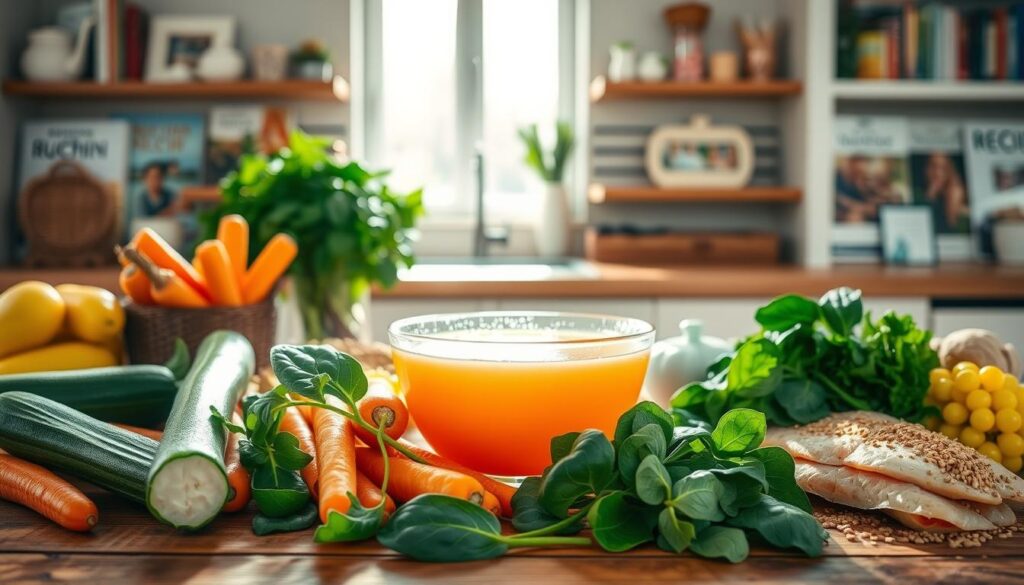 A serene kitchen setting featuring a variety of safe and easily digestible foods for a pancreatic diet. In the foreground, a wooden table displays fresh vegetables like zucchini, carrots, and spinach, alongside lean fish fillets and whole grains. In the middle ground, a softly glowing bowl of homemade chicken broth catches the eye, while a gentle stream of sunlight filters through a window, illuminating the scene. In the background, shelves are lined with recipe books about healthy eating, promoting a light and nurturing atmosphere. The image should evoke a sense of calm, health, and balance, with natural colors and soft textures, all shot at a slightly elevated angle to provide depth.