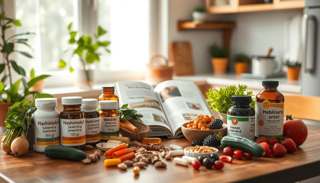 A serene kitchen setting filled with natural light, showcasing a wooden table adorned with a variety of supplements beneficial for Hashimoto's, such as vitamins and minerals. In the foreground, there are open bottles of selenium, zinc, and vitamin D alongside fresh vegetables, nuts, and berries, symbolizing a balanced diet. In the middle, a healthy cookbook lies open, displaying recipes tailored for thyroid health, with a warm, inviting atmosphere. The background features soft green plants and light pastel walls, enhancing the feeling of wellness and tranquility. The scene should evoke a sense of hope and health, with soft lighting that creates a cozy yet professional ambiance, captured with a slightly elevated angle to give depth and perspective.