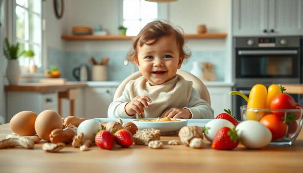 A serene kitchen setting, focused on a high chair with a cute, diverse infant exploring new foods. In the foreground, a colorful array of potentially allergenic foods like peanuts, eggs, and strawberries are artfully arranged on a wooden table, with soft natural light illuminating the textures. The middle ground features a happy, curious baby interacting with the foods, equipped with soft bib and surrounded by gentle toys. The background shows a cozy kitchen with soft pastel colors, enhancing the inviting atmosphere. The overall mood is warm and nurturing, conveying excitement about food exploration while highlighting the importance of introducing these foods with care. Capture this scene with a close-up shot to emphasize the baby's expressions and the vibrant colors of the food.
