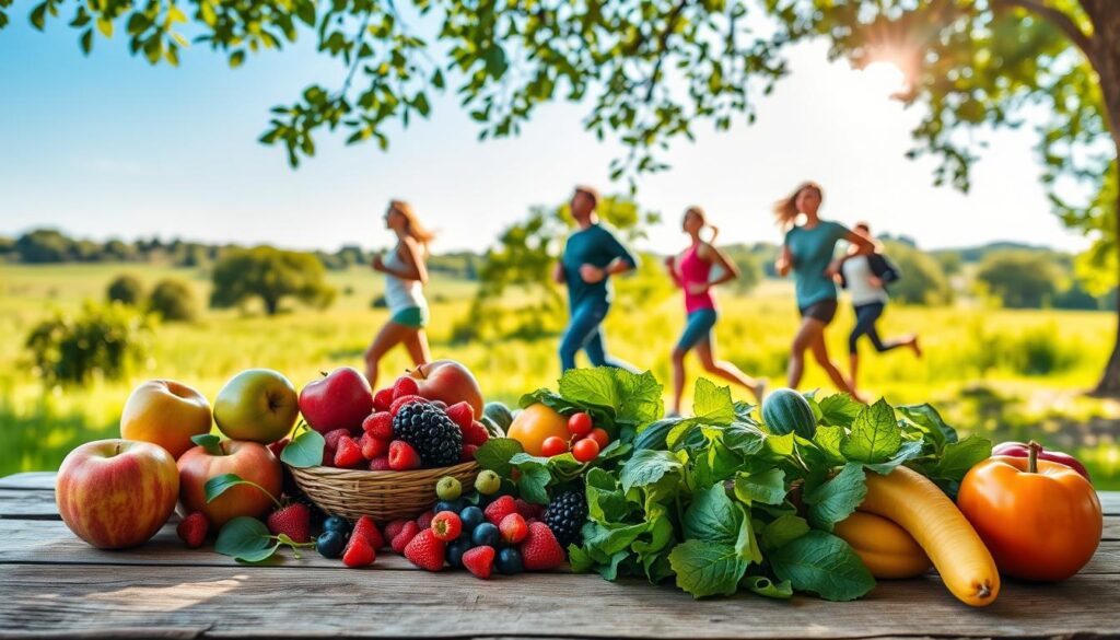 A serene natural setting showcasing various methods for natural weight loss. In the foreground, a vibrant display of fresh fruits and vegetables, including apples, berries, and leafy greens, arranged on a rustic wooden table. The middle ground features a diverse group of individuals engaging in outdoor activities like jogging and practicing yoga, dressed in comfortable, casual clothing. In the background, a lush green landscape with trees and a clear blue sky, creating a peaceful atmosphere. Soft, warm sunlight filtering through the leaves, casting gentle shadows, enhances the inviting mood. The image captures the essence of healthy living and natural weight management without being restrictive, conveying a sense of joy and balance in well-being. A serene natural setting showcasing various methods for natural weight loss. In the foreground, a vibrant display of fresh fruits and vegetables, including apples, berries, and leafy greens, arranged on a rustic wooden table. The middle ground features a diverse group of individuals engaging in outdoor activities like jogging and practicing yoga, dressed in comfortable, casual clothing. In the background, a lush green landscape with trees and a clear blue sky, creating a peaceful atmosphere. Soft, warm sunlight filtering through the leaves, casting gentle shadows, enhances the inviting mood. The image captures the essence of healthy living and natural weight management without being restrictive, conveying a sense of joy and balance in well-being.