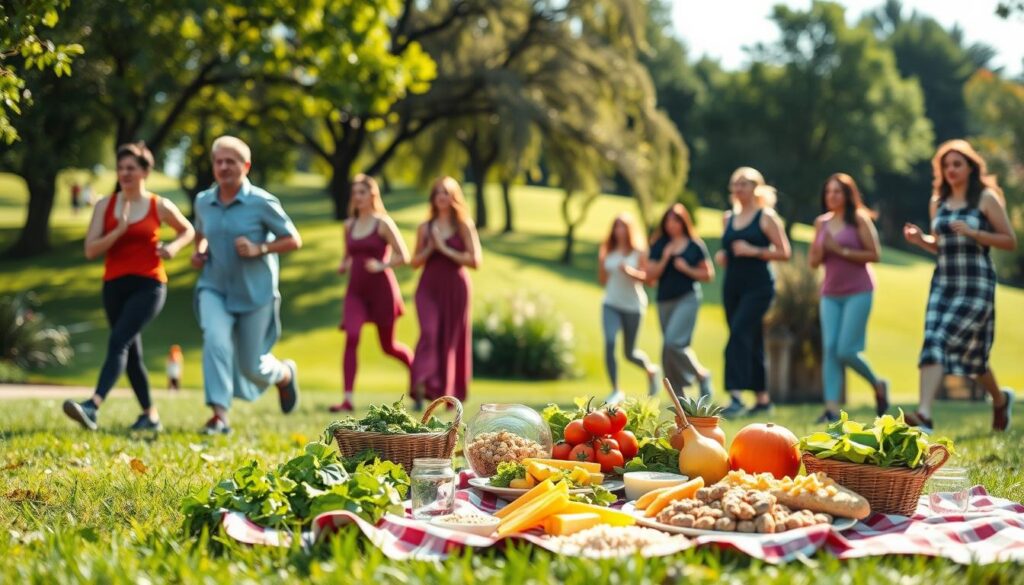 A serene outdoor scene depicting effective weight loss methods without starvation. In the foreground, a diverse group of individuals in modest casual clothing engaging in healthy activities such as jogging, practicing yoga, and cooking with fresh vegetables. In the middle ground, a picnic setup showcasing colorful, nutritious foods like fruits, salads, and whole grains, symbolizing a balanced diet. The background features a lush, green park with bright sunlight filtering through the trees, creating a warm and inviting atmosphere. This scene captures a sense of community, wellness, and natural living, celebrating sustainable weight loss methods. The image should have natural lighting to enhance the vibrant colors and evoke a mood of positivity and motivation.
