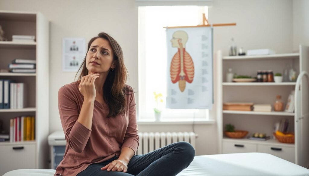 A serene, well-lit doctor's office scene focused on the symptoms of Hashimoto's disease. In the foreground, a thoughtful woman in modest casual clothing sits on an examination table, visibly displaying fatigue and mild discomfort while holding her neck as if to soothe it. In the middle ground, a detailed anatomical chart illustrating thyroid function hangs on the wall, highlighting the connection to Hashimoto's. Soft natural light filters through a window, creating a calm atmosphere. The background features shelves with medical books and healthy food options, hinting at dietary considerations without being overwhelming. The overall mood is contemplative and informative, emphasizing the importance of recognizing symptoms for better health management.