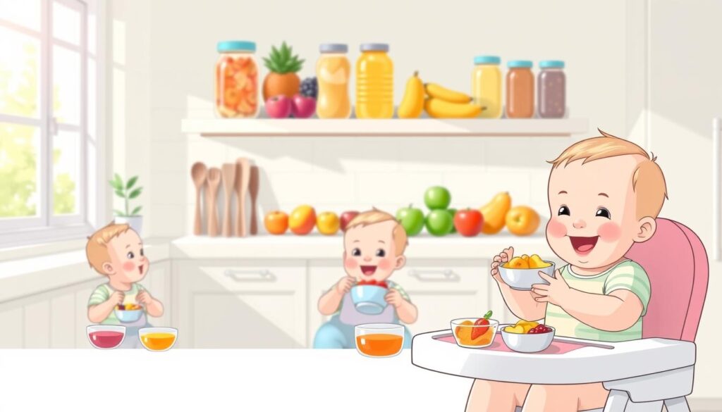 A series of colorful, illustrated stages of infant diet expansion, showcasing a peaceful kitchen setting. In the foreground, a cheerful baby sitting in a high chair, trying mashed fruits and vegetables, showcasing joy and curiosity. The middle ground features a caregiver gently presenting small bowls of pureed foods, with attention on the baby’s reactions. In the background, shelves filled with jars of baby food and fresh fruits, soft, natural light streaming in through a window, creating a warm and inviting atmosphere. The overall mood is nurturing and educational, emphasizing the joyful exploration of new tastes, with vibrant colors highlighting the variety of foods. The image should inspire a sense of progression and excitement in a baby’s dietary journey.