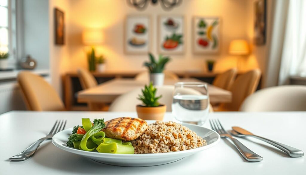 A table setting showcasing a nutritious meal plan post-laparoscopy for gallbladder surgery. In the foreground, a beautifully arranged plate contains a serving of steamed vegetables, grilled chicken, and a small portion of brown rice. Surrounding the plate are utensils neatly placed, along with a glass of water. In the middle ground, a soft-focus view of a cozy dining room with warm lighting creates a welcoming atmosphere, featuring a small potted plant on the table. The background reveals light-colored walls adorned with culinary art, adding an inviting touch. The scene is bright and airy, emphasizing a sense of health and recovery, while maintaining a professional and informative mood. The overall composition is well-balanced and visually appealing, ideal for illustrating a diet guide.