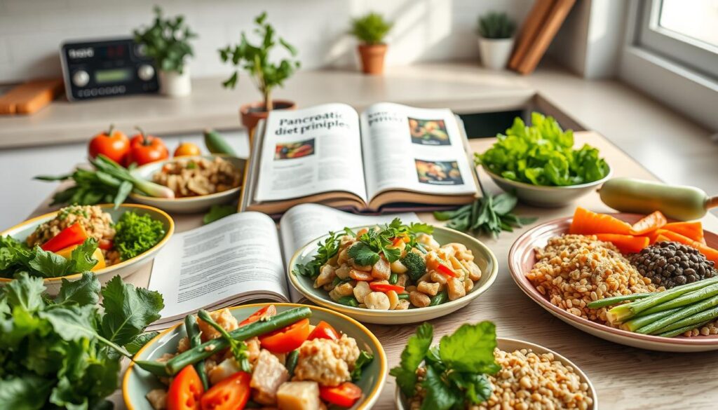 A table spread displaying "pancreatic diet principles" in a well-lit kitchen setting, emphasizing healthy and safe food choices. In the foreground, a variety of fresh, wholesome ingredients such as green vegetables, lean proteins, and whole grains are meticulously arranged on colorful plates. In the middle, a cookbook opened to a page with healthy recipes sits beside a neatly prepared dish, showcasing dietary compliance. The background features soft-focus elements like a potted herb plant and light streaming through a window, suggesting a cozy atmosphere. Use natural lighting to create a warm and inviting feel, capturing the essence of healthy eating. The angle should be slightly overhead to provide a comprehensive view of the food arrangement without any text or human figures included.