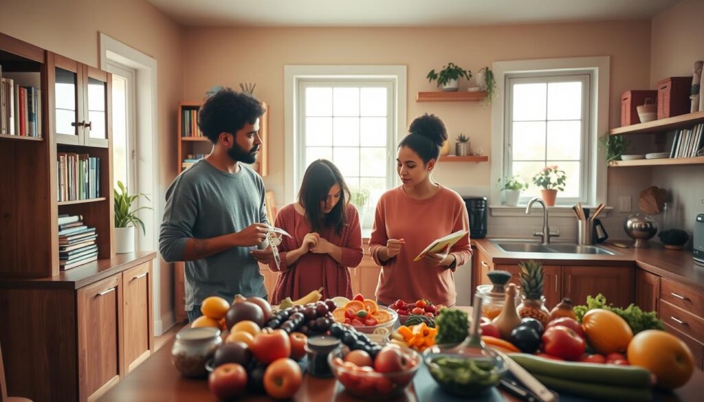 A thoughtful kitchen scene that depicts the theme "Why diets don't work." In the foreground, a diverse group of three individuals, dressed in comfortable casual clothing, are gathered around a table filled with an array of colorful, healthy foods, symbolizing balanced nutrition. One person is holding a measuring tape, looking contemplative, while another is making a note in a journal. In the middle ground, a large window lets in warm, soft natural light, illuminating the room and enhancing the inviting atmosphere. In the background, shelves filled with cookbooks and potted plants suggest a nurturing environment. The overall mood is reflective and hopeful, conveying a sense of community, support, and sustainable lifestyle choices. The angle is slightly elevated, giving a panoramic view of the scene without distractions.