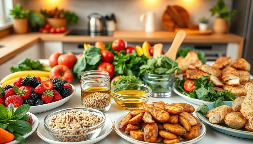 A vibrant and appealing arrangement of healthy foods suitable for a diabetes-friendly diet, prominently featuring fresh fruits like berries and apples, leafy greens like spinach and kale, whole grains such as quinoa and brown rice, and lean proteins including grilled chicken or tofu. The foreground showcases a well-organized table setting with these foods artfully displayed on plates and bowls, invitingly arranged. In the middle, there are clear glass containers filled with nuts and seeds, and a small dish of olive oil for drizzling. The background features a softly lit kitchen scene with warm, natural light illuminating the set, enhancing the fresh and wholesome atmosphere. The overall mood conveys health, vitality, and balance, perfectly reflecting the theme of a diabetes-friendly diet.