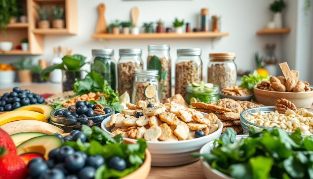 A vibrant and healthy spread of foods beneficial for those with Hashimoto's disease. In the foreground, an array of colorful dishes featuring fresh fruits like blueberries and avocados, leafy greens such as kale and spinach, and lean proteins like grilled chicken and tofu. In the middle, transparent glass jars filled with nuts, seeds, and whole grains. The background showcases a bright, sunlit kitchen with wooden shelves lined with herbs and spices, suggesting a warm, inviting atmosphere. Soft, natural lighting creates a serene mood, emphasizing health and wellness. The angle is slightly overhead, capturing the abundance and variety of foods that support thyroid health, while keeping the composition balanced and harmonious.