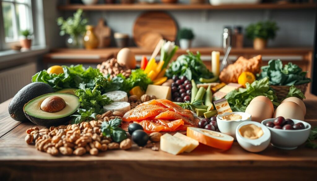 A vibrant and informative display of a ketogenic diet spread, featuring an array of allowed foods. In the foreground, showcase a wooden table adorned with a variety of fresh ingredients including avocados, nuts, leafy greens, fatty fish like salmon, and eggs. The middle ground should reveal a beautifully arranged charcuterie board with cheeses, olives, and low-carb vegetables. The background can feature a softly blurred kitchen setting with natural light streaming through a window, casting a warm glow on the food items. Use a shallow depth of field to highlight the textures and colors of the ingredients, creating a welcoming and appetizing atmosphere that conveys health and vitality. The overall mood should be bright and inspiring, emphasizing the delicious aspects of a ketogenic lifestyle.