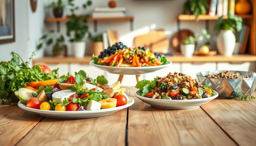 A vibrant and informative illustration depicting the differences between vegetarianism and veganism, set on a wooden table filled with colorful plant-based foods. In the foreground, a beautifully arranged plate showcases a variety of vegetarian dishes, such as a creamy cheese platter, fresh salads, and a selection of seasonal fruits. In the middle ground, a contrasting plate highlights vegan options, featuring rich, colorful vegetable dishes, grains, and nut-based spreads. The background presents a softly lit kitchen scene, with plants and cookbooks, creating a warm and inviting atmosphere. The lighting is natural and bright, enhancing the colors of the food. This harmonious composition conveys a sense of balance and healthy eating practices, inviting viewers to explore the distinctions between the two diets.