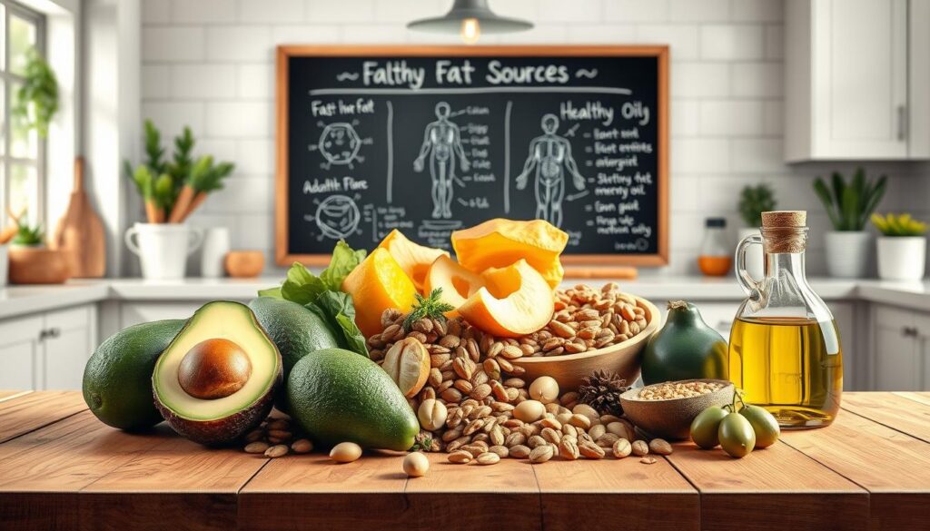A vibrant and informative illustration depicting the significance of fats in a healthy diet. In the foreground, a wooden table displays an assortment of healthy fat sources: avocados, nuts, seeds, and olive oil, beautifully arranged to highlight their textures and colors. The middle-ground features a chalkboard with scientific diagrams and notes on the role of fats in the human body, emphasizing their importance for energy and nutrient absorption. In the background, a softly lit kitchen environment conveys a sense of warmth and nutrition. Use natural lighting to enhance the colors and textures, creating a welcoming atmosphere. The overall mood should inspire health, vitality, and a balanced diet, promoting the essential role fats play in maintaining well-being. A vibrant and informative illustration depicting the significance of fats in a healthy diet. In the foreground, a wooden table displays an assortment of healthy fat sources: avocados, nuts, seeds, and olive oil, beautifully arranged to highlight their textures and colors. The middle-ground features a chalkboard with scientific diagrams and notes on the role of fats in the human body, emphasizing their importance for energy and nutrient absorption. In the background, a softly lit kitchen environment conveys a sense of warmth and nutrition. Use natural lighting to enhance the colors and textures, creating a welcoming atmosphere. The overall mood should inspire health, vitality, and a balanced diet, promoting the essential role fats play in maintaining well-being.