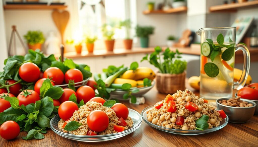 A vibrant and inviting healthy diet scene featuring a wooden dining table filled with a colorful assortment of fresh fruits and vegetables, such as bright red tomatoes, green leafy spinach, and ripe bananas. In the foreground, a neatly arranged plate of quinoa salad with chickpeas and bell peppers catches the light. The middle ground showcases a glass pitcher of infused water with cucumber and mint alongside a small bowl of nuts. In the background, a sunny kitchen with light streaming through a window, highlighting herbs in pots and a cookbook on the counter, creates a warm atmosphere. The overall mood is wholesome and energizing, evoking a sense of wellness and balance. The image is captured with soft natural lighting, using a slight overhead angle to emphasize the food arrangement.