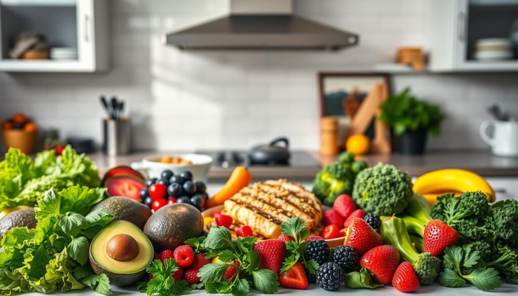 A vibrant and inviting kitchen countertop, featuring an array of fresh, healthy foods that accelerate fat burning. In the foreground, display a colorful assortment of fruits and vegetables: ripe avocados, bright green leafy kale, juicy berries, and aromatic herbs like basil and cilantro. In the middle, showcase elegant plates filled with nutritious meals, such as grilled chicken with quinoa and a side of steamed broccoli, creating an enticing culinary scene. In the background, soft, natural light filters through a window, illuminating the space and enhancing the freshness of the ingredients. The atmosphere is warm and motivational, inspiring healthy eating choices, with a focus on fostering a positive, energizing environment for weight loss. Use a wide-angle lens for a spacious feel and a soft focus on the background to draw attention to the vibrant food in the foreground. A vibrant and inviting kitchen countertop, featuring an array of fresh, healthy foods that accelerate fat burning. In the foreground, display a colorful assortment of fruits and vegetables: ripe avocados, bright green leafy kale, juicy berries, and aromatic herbs like basil and cilantro. In the middle, showcase elegant plates filled with nutritious meals, such as grilled chicken with quinoa and a side of steamed broccoli, creating an enticing culinary scene. In the background, soft, natural light filters through a window, illuminating the space and enhancing the freshness of the ingredients. The atmosphere is warm and motivational, inspiring healthy eating choices, with a focus on fostering a positive, energizing environment for weight loss. Use a wide-angle lens for a spacious feel and a soft focus on the background to draw attention to the vibrant food in the foreground.
