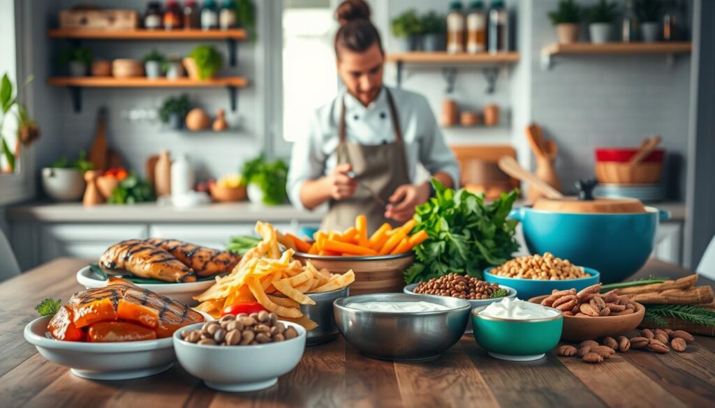 A vibrant and inviting kitchen scene focused on the benefits of a high-protein diet. In the foreground, a wooden table displays a variety of healthy, protein-rich foods such as grilled chicken, salmon, legumes, nuts, and Greek yogurt, all beautifully arranged in colorful bowls. In the middle ground, a professional chef in modest casual attire is seen preparing a meal, showcasing cooking techniques with fresh ingredients. The background features shelves filled with herbs and spices, enhancing the culinary atmosphere. Soft, natural lighting filters in through a window, casting warm highlights on the food and creating an inviting mood. The image captures the essence of healthy eating choices, illustrating the importance of a protein-rich diet in a visually appealing and informative way.