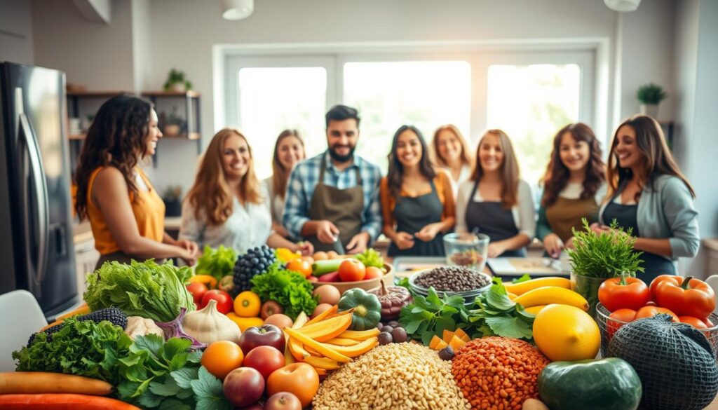 A vibrant and inviting kitchen scene highlighting the benefits of a vegan diet. In the foreground, a beautifully arranged table filled with colorful, fresh vegetables, fruits, legumes, and whole grains showcasing the diversity of plant-based foods. In the middle, a diverse group of people in professional casual attire are engaged in the preparation of a nutritious vegan meal. Their expressions are joyful and collaborative, conveying a sense of healthy living and community. In the background, bright, natural light floods through large windows, enhancing the warmth of the scene. The atmosphere is positive and uplifting, encouraging the viewer to embrace veganism. Use soft focus on the background to emphasize the lively foreground activity.