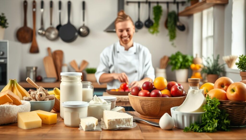 A vibrant and inviting kitchen scene showcasing a variety of lactose-free foods. In the foreground, a wooden table is filled with an assortment of delicious lactose-free dairy products, such as creamy lactose-free yogurt, dairy-free cheese, and a bowl of fresh fruits. In the middle, a chef or a home cook, dressed in modest casual clothing, is carefully preparing a lactose-free meal, smiling as they collaborate with ingredients. The background features a well-lit kitchen with warm lighting, where pots and pans are hanging, and fresh herbs are arranged decoratively on the counter. The atmosphere is cheerful and welcoming, evoking a sense of health and wellness focused on a lactose-free diet.