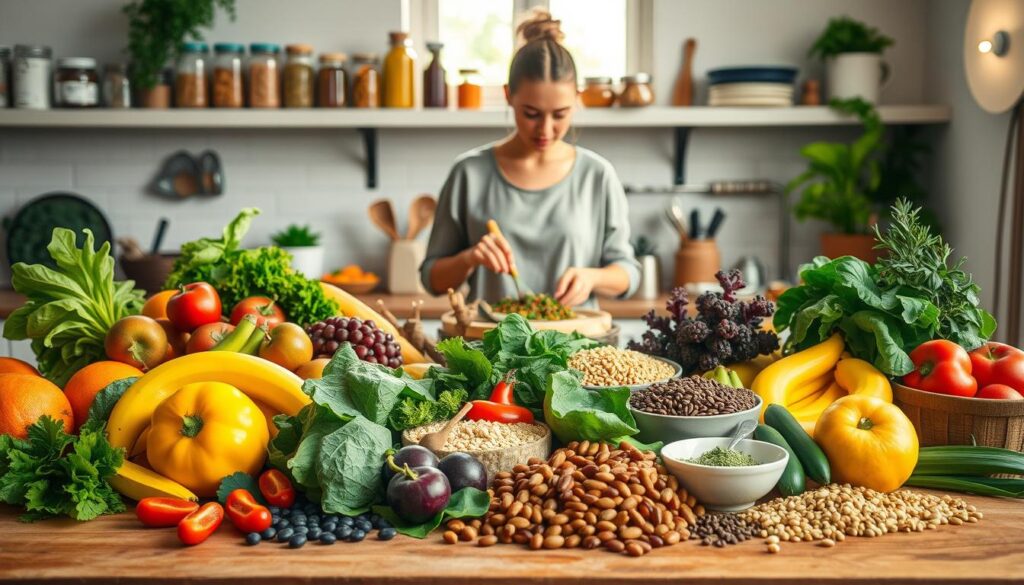 A vibrant and inviting kitchen scene, showcasing the essential components of a vegan diet. In the foreground, a wooden table is laden with colorful fresh fruits, leafy greens, legumes, and grains, arranged artfully to highlight their variety. In the middle ground, a person in modest casual clothing is thoughtfully preparing a delicious vegan meal, surrounded by kitchen utensils and bowls. The background features well-organized shelves filled with jars of spices and plant-based ingredients. Soft, warm lighting filters through a window, creating a cozy atmosphere that speaks to health and sustainability. The overall mood is encouraging and enlightening, visually representing the core principles of a vegan diet without any text or distractions.