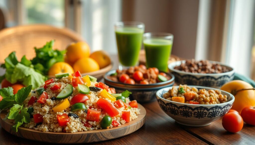 A vibrant and inviting vegan meal spread elegantly arranged on a rustic wooden table. In the foreground, display a colorful quinoa salad topped with fresh vegetables like bell peppers, cherry tomatoes, and cucumbers, alongside a savory lentil stew in a decorative bowl. Bright fruits like oranges and berries can be showcased around the dishes. In the middle ground, include a stylish, healthy drink, such as a green smoothie in a clear glass. The background features soft, warm natural lighting streaming in from a nearby window, creating a cozy atmosphere. Ensure the mood is uplifting and conveys vibrancy, representing healthy and delicious vegan options. Focus on a close-up perspective that emphasizes the freshness and variety of the meal, with an emphasis on textures and colors.