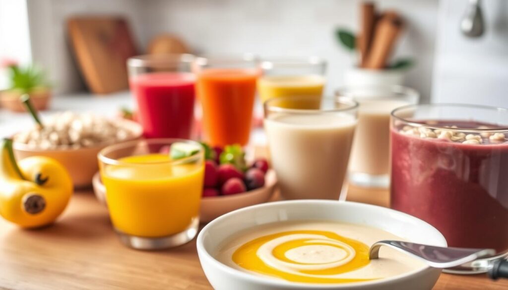 A vibrant and nutritious display of a semi-liquid diet, showcasing a variety of healthy foods suitable for digestive health. In the foreground, a beautifully arranged bowl of creamy vegetable pureé with a delicate swirl of olive oil on top, accompanied by a spoon. In the middle, there are small servings of smooth fruit smoothies in assorted colors, elegantly presented in clear glasses, and a side dish of soft, porridge-like oatmeal. The background features a softly blurred kitchen setting with warm, natural lighting, suggesting a homely atmosphere. The focus is on the food, conveying a sense of health and wellness, while maintaining an inviting and professional appearance suitable for individuals with digestive issues.
