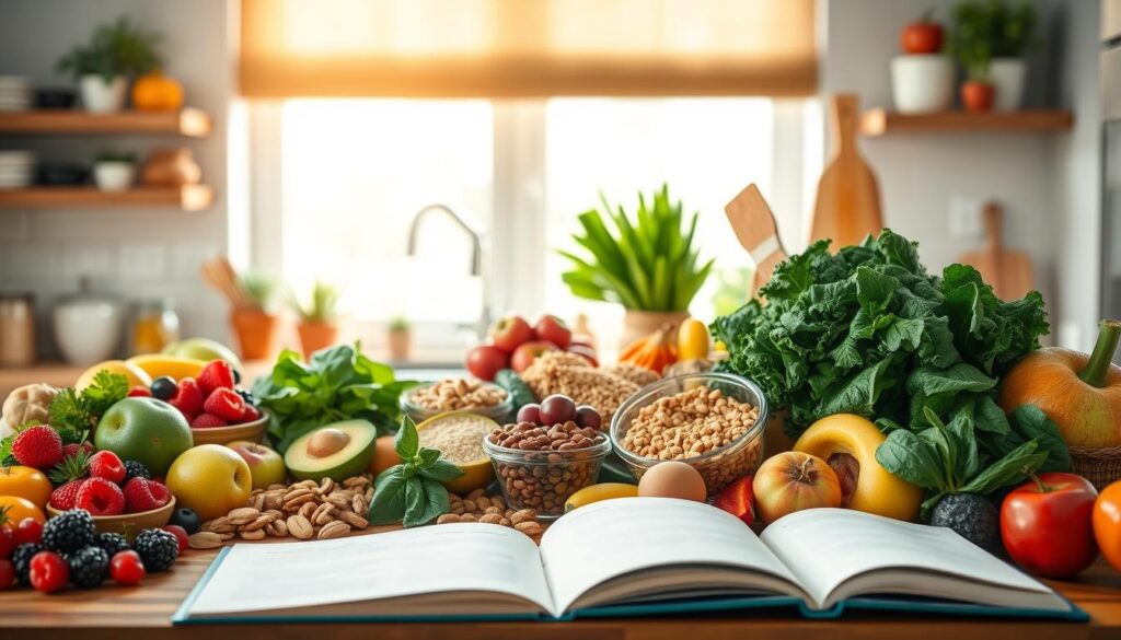 A vibrant and organized kitchen counter filled with fresh, heart-healthy foods to illustrate a cholesterol-lowering diet. In the foreground, display a colorful selection of fruits such as berries, apples, and avocados, alongside leafy greens like spinach and kale. In the middle ground, incorporate various nuts, whole grains, and legumes arranged neatly, emphasizing balance and health. The background features a soft-focus window with natural light streaming in, creating a warm and inviting atmosphere, suggesting a space for health-conscious meal preparation. The scene captures a sense of wellness and vitality, evoking feelings of nourishment and happiness. Optionally, include an open recipe book to hint at meal planning, ensuring the image remains relevant and engaging.