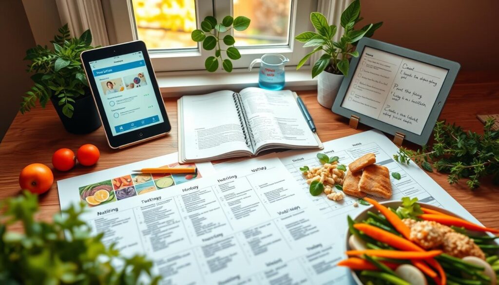 A vibrant and organized workspace featuring a detailed meal plan spread across a desk. In the foreground, a colorful, neatly arranged plate of fresh vegetables, lean proteins, and whole grains, showcasing a balanced meal. In the middle ground, an open notebook with handwritten notes, a digital tablet displaying a nutrition app, and a measuring cup, emphasizing a personalized dietary approach. A window in the background lets in warm, natural light, enhancing the inviting atmosphere. Subtle green plants are placed around the workspace, promoting health and wellness. The overall mood is encouraging and motivational, inviting viewers to embark on their dietary journey with clarity and purpose. The scene should be captured from a slight overhead angle to showcase the organization and visual appeal of the meal plan.