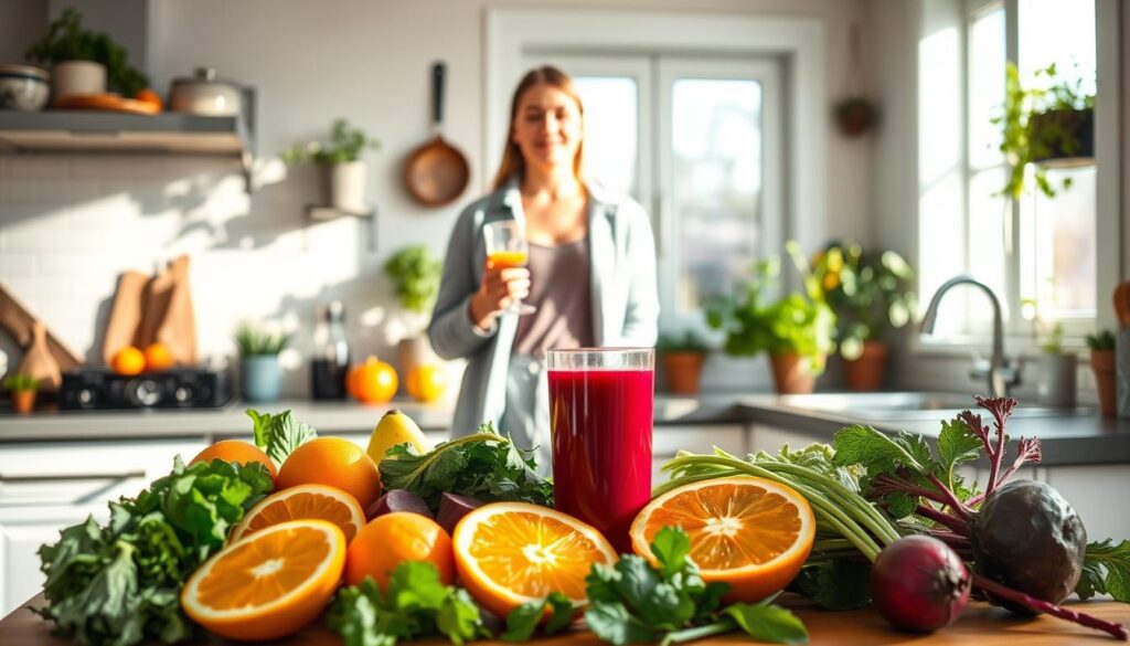 A vibrant and well-lit kitchen scene showcasing the effects of a juice cleanse diet. In the foreground, a neatly arranged table filled with colorful, fresh fruits and vegetables, like oranges, greens, and beets, alongside a glass of freshly made juice. In the middle ground, a person in casual, comfortable clothing stands with a serene expression, holding a glass of juice, signifying health and vitality. In the background, a sunlit window with potted herbs and a few green plants, enhancing the mood of freshness and natural well-being. The lighting is soft and warm, casting gentle shadows, creating an inviting atmosphere that emphasizes health and rejuvenation.