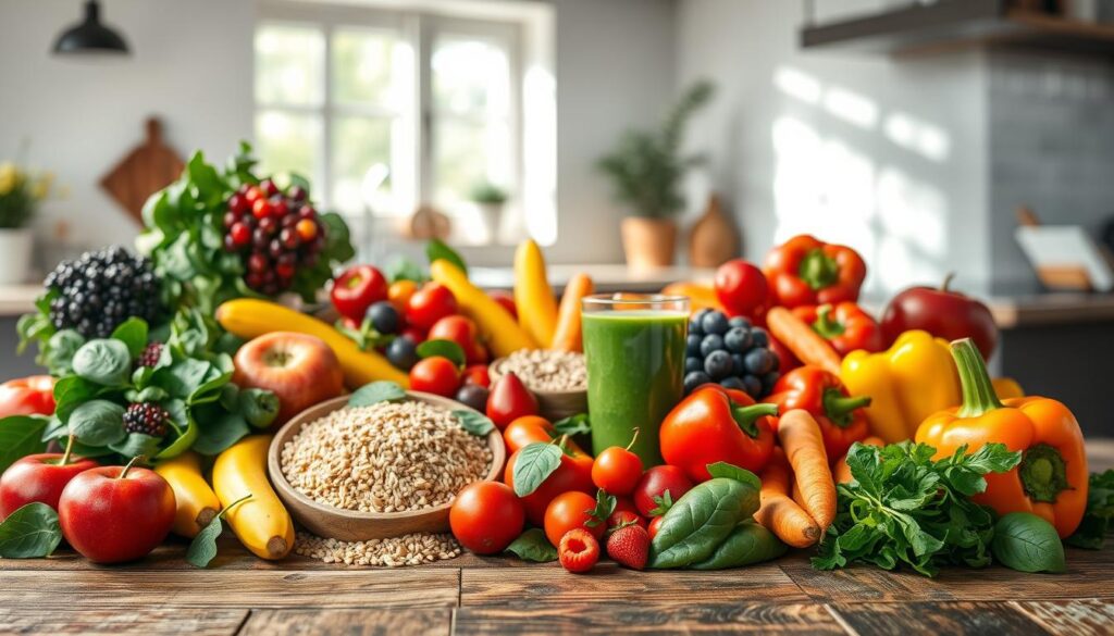 A vibrant display of healthy foods prominently arranged on a rustic wooden table in the foreground. Include an assortment of fresh fruits like apples, bananas, and berries, alongside colorful vegetables such as spinach, carrots, and bell peppers, each glistening with moisture. In the middle ground, place a bowl of whole grains, like quinoa or brown rice, and a glass of green smoothie to convey nutritious beverages. The background features a serene kitchen setting with natural light streaming through a window, casting soft shadows that enhance the freshness of the produce. The overall mood should be inviting and cheerful, inspiring a sense of happiness and wellness related to healthy eating.