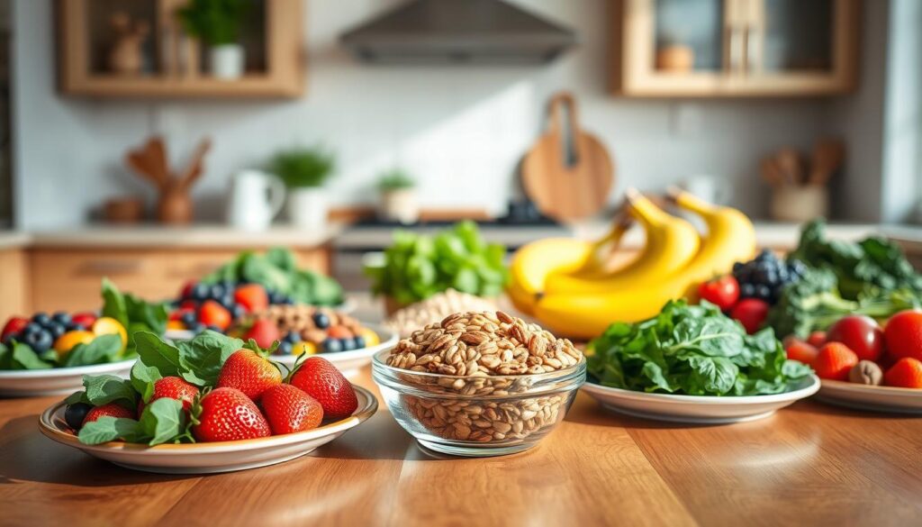 A vibrant, healthy diet displayed on a polished wooden kitchen table, featuring colorful plates filled with fresh fruits like strawberries, blueberries, and bananas alongside leafy greens such as spinach and kale. The middle ground showcases a bowl of mixed nuts and whole grains, symbolizing balance and nutrition. In the background, a bright kitchen with soft natural lighting streaming through a window enhances the fresh atmosphere. The scene conveys a sense of well-being and vitality, emphasizing the importance of wholesome food choices. Use a shallow depth of field to focus on the food, while softly blurring the bright kitchen surroundings, creating an inviting and cheerful mood ideal for a health-conscious audience.