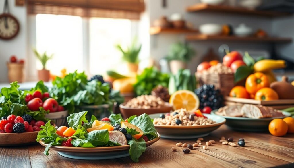 A vibrant, healthy kitchen scene showcasing the DASH diet, featuring a wooden table laden with colorful fresh fruits and vegetables, such as leafy greens, berries, and citrus fruits. In the foreground, a beautifully arranged salad with a variety of textures and colors, drizzled with a light vinaigrette. The middle ground includes whole grains like quinoa and beans, as well as lean proteins, prominently displayed on stylish dinnerware. In the background, a window allows soft, natural light to pour in, enhancing the fresh, inviting atmosphere. The mood is cheerful and vibrant, emphasizing health and well-being, with a focus on nutritious food choices. The composition captures the essence of the DASH diet, promoting heart health and balanced nutrition.