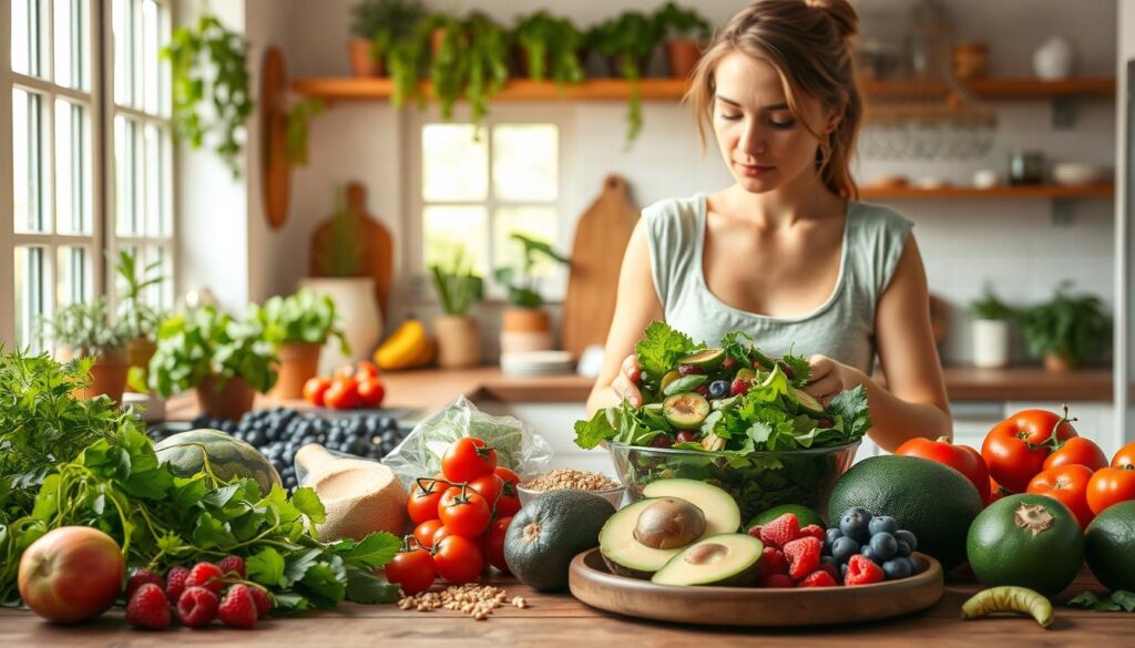 A vibrant, healthy kitchen scene with an array of fresh produce on a wooden countertop, emphasizing key fat-burning foods like leafy greens, berries, avocados, and whole grains. In the foreground, a woman in a modest casual outfit prepares a colorful salad, surrounded by ingredients that represent a balanced and nutritious diet. The middle ground features a bright, sunlit kitchen space filled with herbs growing in pots and an inviting atmosphere. The background showcases open windows allowing natural light to flood in, creating a warm, uplifting mood. Bright, warm lighting enhances the freshness of the ingredients, while a gentle focus depth brings attention to the salad being prepared, symbolizing the concept of healthy weight loss. A vibrant, healthy kitchen scene with an array of fresh produce on a wooden countertop, emphasizing key fat-burning foods like leafy greens, berries, avocados, and whole grains. In the foreground, a woman in a modest casual outfit prepares a colorful salad, surrounded by ingredients that represent a balanced and nutritious diet. The middle ground features a bright, sunlit kitchen space filled with herbs growing in pots and an inviting atmosphere. The background showcases open windows allowing natural light to flood in, creating a warm, uplifting mood. Bright, warm lighting enhances the freshness of the ingredients, while a gentle focus depth brings attention to the salad being prepared, symbolizing the concept of healthy weight loss.