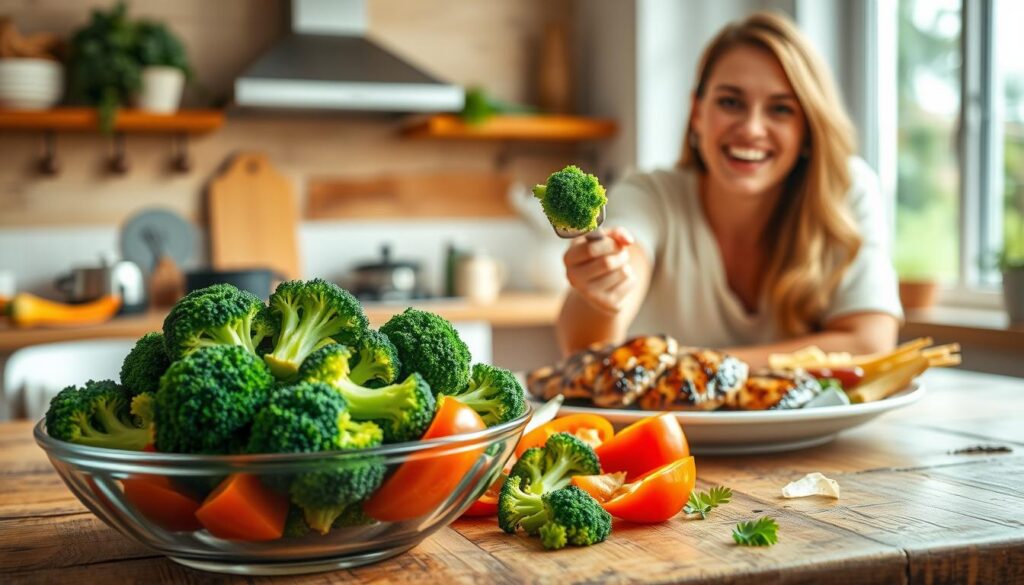 A vibrant, healthy meal display featuring steamed broccoli, grilled chicken, and a colorful array of fresh vegetables set on a rustic wooden table. In the foreground, a bowl of broccoli showcases its rich green color, surrounded by sliced tomatoes and bell peppers for contrast. In the middle ground, a stylish, fit person in modest casual attire is joyfully holding a forkful of broccoli, smiling with a sense of satisfaction. The background features a soft-focus kitchen setting, with natural light streaming in through a window, creating a warm, inviting atmosphere. The overall mood conveys vitality and wellness, emphasizing the positive effects of a broccoli-based diet.