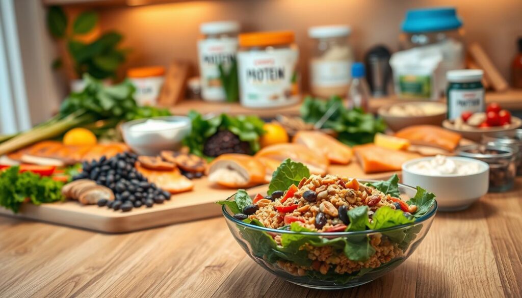 A vibrant kitchen scene showcasing a high-protein diet, featuring an assortment of nutrient-rich foods like grilled chicken breasts, fresh salmon, black beans, quinoa, and colorful vegetables artfully arranged on a wooden table. In the foreground, a bright salad bowl filled with leafy greens and nuts catches the light, emphasizing freshness. In the middle, a sleek cutting board displays neatly sliced protein sources alongside measuring cups filled with cottage cheese and Greek yogurt, highlighting their importance in muscle-building. The background includes a softly lit pantry showcasing jars of protein powder and healthy snacks. The lighting is warm and inviting, creating a focus on the food while exuding a healthy lifestyle atmosphere. The angle is slightly above eye-level, encouraging a feeling of openness and accessibility.