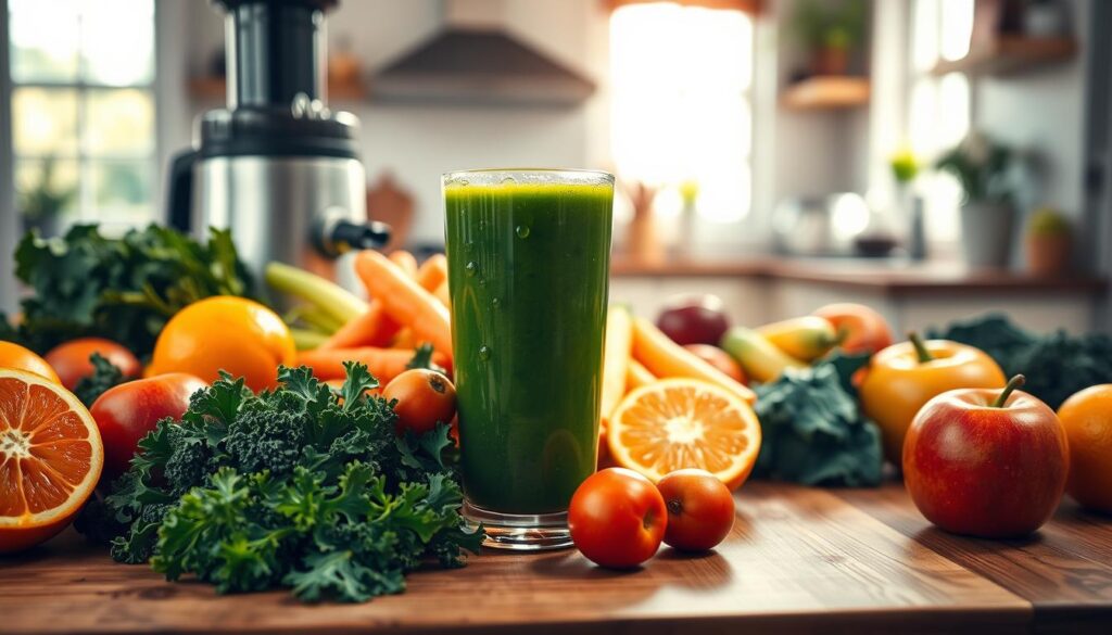 A vibrant kitchen scene showcasing a variety of fresh fruits and vegetables ready for juicing, representing the essence of a juice diet. In the foreground, a wooden table displays an assortment of colorful produce like oranges, carrots, kale, and apples, meticulously arranged with a sleek juicer. In the middle, a glass filled with a freshly made green juice, with droplets glistening on the surface, captures the viewer's attention. The background features a well-lit kitchen with natural sunlight streaming through a window, creating a warm and inviting atmosphere. The lighting is soft, highlighting the vibrancy of the produce while casting gentle shadows. This composition conveys a sense of health, vitality, and the cleansing benefits of a juice diet, evoking a mood of freshness and rejuvenation.