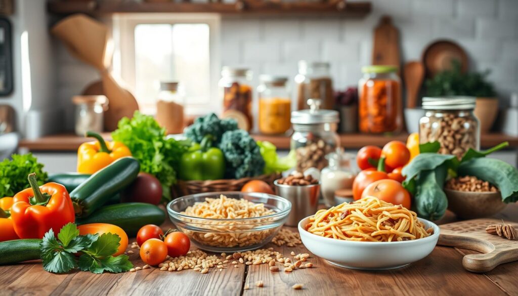 A vibrant kitchen scene showcasing a well-organized gluten-free diet. In the foreground, a wooden table laden with an array of colorful fresh vegetables like bell peppers, zucchini, and carrots, alongside gluten-free grains such as quinoa and brown rice. A bowl of gluten-free pasta emits steam, suggesting it has just been cooked. In the middle ground, bright jars filled with gluten-free snacks, like nuts and dried fruits, contrast against a backdrop of a rustic kitchen with soft natural lighting pouring in from a window, casting gentle shadows. The mood is warm and inviting, ideal for promoting healthy eating habits. This image captures the essence of a gluten-free diet focusing on nutritious choices.
