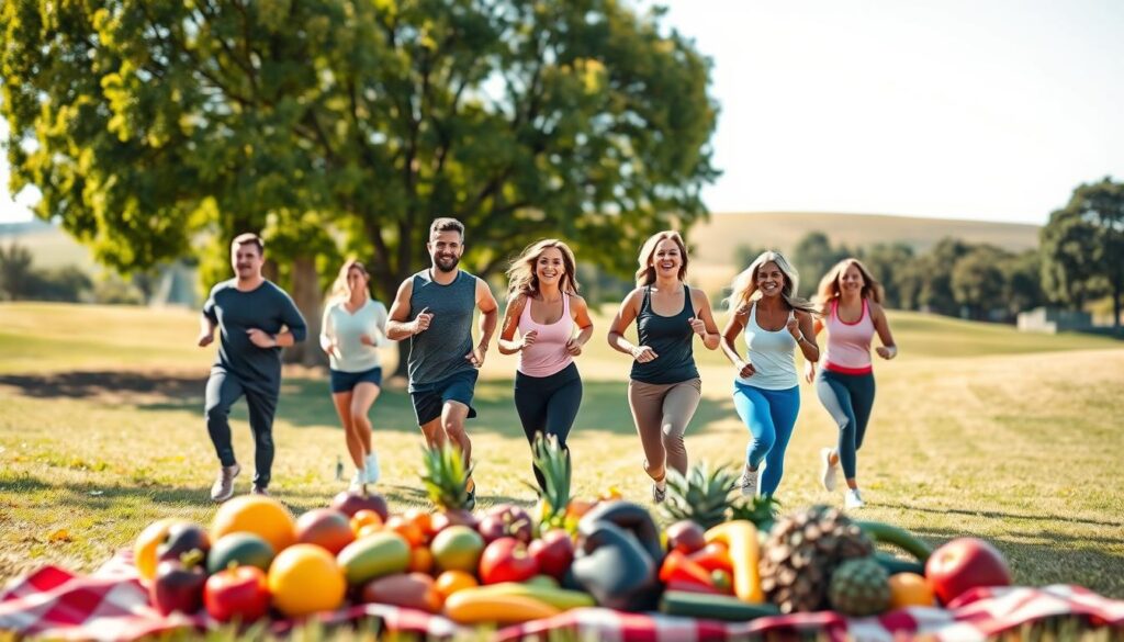 A vibrant, motivational scene depicting a successful weight loss journey. In the foreground, a diverse group of people—men and women of various ages and backgrounds—are joyfully engaging in a fun outdoor exercise activity, such as jogging or group yoga, all dressed in professional athletic wear. In the middle ground, colorful fruits and vegetables are artistically arranged on a picnic blanket, symbolizing healthy eating. The background features a beautiful park under a clear, sunny sky, with trees and soft rolling hills, creating an uplifting and serene atmosphere. Bright, natural lighting enhances the scene, emphasizing the health and vitality of the participants, while the camera angle is slightly elevated, giving an overview of the joyful interaction and healthy lifestyle choices being made.