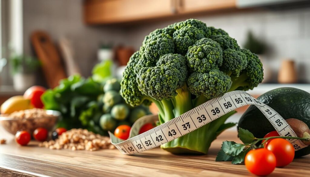 A vibrant still-life composition featuring fresh broccoli as the central focus, surrounded by various healthy ingredients like quinoa, cherry tomatoes, and avocados. The broccoli should be lush and green, displayed prominently on a wooden kitchen table. In the background, soft natural light filters through a window, casting a warm glow and creating gentle highlights on the broccoli's texture. A measuring tape subtly drapes around the vegetables, symbolizing weight loss and healthy eating. The overall mood is inviting and motivational, emphasizing a healthy lifestyle. The image should be captured with a shallow depth of field to blur the background slightly, drawing focus to the vibrant colors and textures of the broccoli and other ingredients, enhancing the theme of healthy dieting without any captions or text.