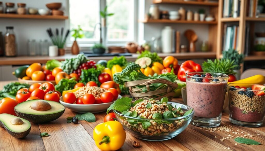 A vibrant vegan spread featuring a bountiful display of colorful fruits, vegetables, and grains. In the foreground, a beautifully arranged wooden table overflowing with fresh avocados, ripe tomatoes, leafy greens, and bright bell peppers, artfully presented on ceramic plates. In the middle ground, a glass bowl of quinoa salad mixed with herbs and a sprinkle of seeds, alongside a colorful smoothie bowl topped with berries and nuts. The background shows a sunlit kitchen with natural wooden shelves filled with jars of grains, spices, and cookbooks, creating a warm and inviting atmosphere. The scene is softly lit with natural light streaming in through a window, giving a fresh and healthy vibe that embodies the essence of a plant-based lifestyle.