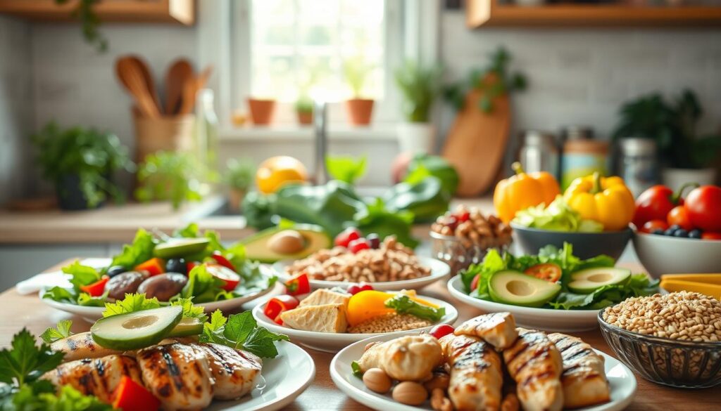 A vibrant, well-composed kitchen scene featuring a diverse assortment of healthy foods suitable for an insulin diet. In the foreground, elegantly arranged plates of grilled chicken, fresh green salads topped with avocados, and colorful bell peppers. In the middle, a kitchen counter showcasing a variety of nuts, berries, and whole grains like quinoa. The background features a sunlit window with herbs growing in pots, adding freshness to the atmosphere. Soft, natural lighting illuminates the scene, creating a warm and inviting mood. Use a slight depth of field to keep the focus on the food while gently blurring the background elements. The overall composition should convey a sense of health, vitality, and deliciousness, embodying the essence of nutritious eating.