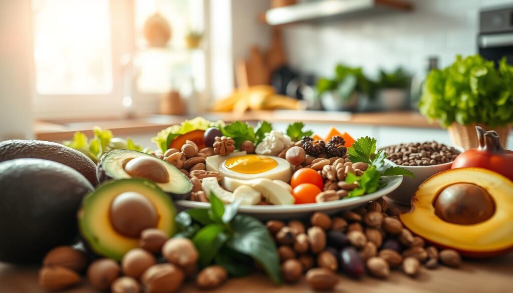 A visual representation of dietary fat composition, featuring an array of healthy fats prominently displayed in the foreground, such as avocados, nuts, olive oil, and seeds. The middle ground showcases a balanced plate with portions of these foods arranged artfully alongside fresh vegetables and fruits. In the background, a soft-focus kitchen setting emphasizes a healthy lifestyle, with natural light filtering through a window, casting a warm glow on the scene. The angle offers a top-down perspective, highlighting the variety of colors and textures, creating a harmonious and inviting atmosphere that conveys the importance of healthy fats in diet. The image should evoke a sense of wellness and nutrition, free from any text or distractions. A visual representation of dietary fat composition, featuring an array of healthy fats prominently displayed in the foreground, such as avocados, nuts, olive oil, and seeds. The middle ground showcases a balanced plate with portions of these foods arranged artfully alongside fresh vegetables and fruits. In the background, a soft-focus kitchen setting emphasizes a healthy lifestyle, with natural light filtering through a window, casting a warm glow on the scene. The angle offers a top-down perspective, highlighting the variety of colors and textures, creating a harmonious and inviting atmosphere that conveys the importance of healthy fats in diet. The image should evoke a sense of wellness and nutrition, free from any text or distractions.