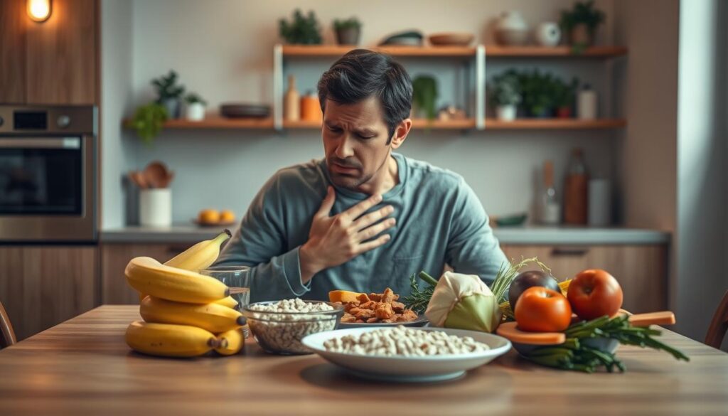 A visual representation of gastroesophageal reflux disease symptoms. In the foreground, depict a moderately distressed adult sitting at a dining table. They are lightly clutching their chest and looking uncomfortable while glancing at an assortment of healthy food options, such as bananas, oatmeal, and steamed vegetables. In the middle ground, arrange these food items artfully, emphasizing their colors and textures. The background features a softly lit kitchen with neutral tones, suggesting a calm atmosphere. Use warm lighting to create a welcoming yet serious mood, with a slightly blurred focus on the kitchen shelves filled with herbs and healthy ingredients. Capture the scene from a slightly elevated angle, reflecting the relatability of living with reflux symptoms.