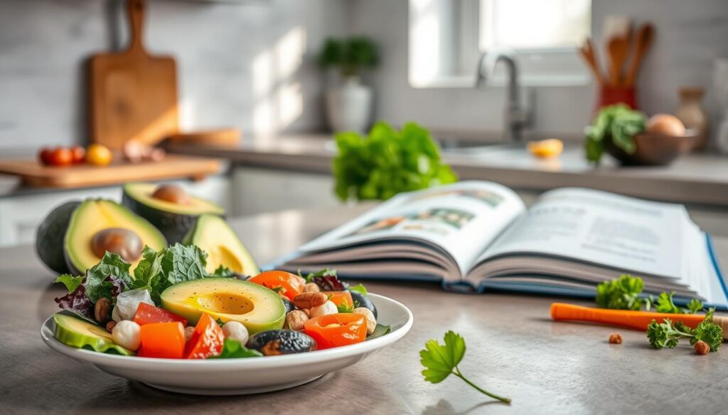 A visually appealing and informative representation of the health benefits of the ketogenic diet. In the foreground, a beautifully arranged, colorful plate showcasing keto-friendly foods like avocados, leafy greens, nuts, and fatty fish, artistically garnished. In the middle ground, an open recipe book with healthy recipes and nutritional information about the keto diet, complemented by a sleek kitchen countertop with cutting boards and a bowl of fresh ingredients. The background features a well-lit kitchen setting with soft, natural light streaming through a window, creating a warm and inviting atmosphere. The focus is on the vibrant colors and textures of the food, evoking a sense of health, vitality, and wellness.