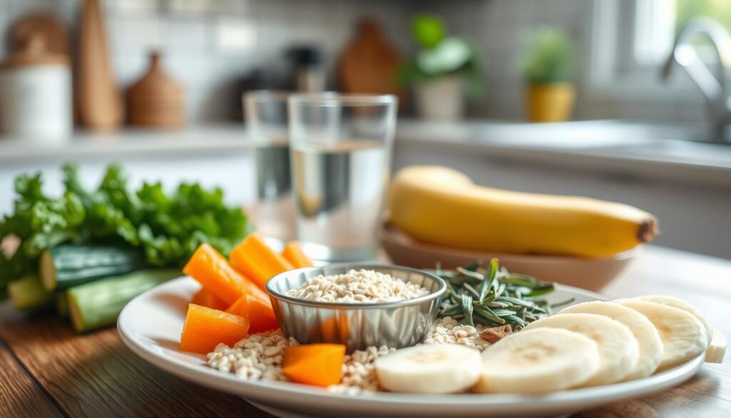 A visually appealing arrangement of foods that are permitted for individuals with reflux, focusing on soft textures and soothing colors. In the foreground, include a plate with steamed vegetables like zucchini and carrots, a small bowl of plain oatmeal, and slices of ripe bananas. The middle ground should showcase a glass of clear water and a delicate arrangement of herbal tea leaves. In the background, a blurred kitchen setting with natural light streaming in, creating a warm and inviting atmosphere. Emphasize natural ingredients that are easy on the stomach, promoting a sense of comfort and health. The overall mood should be calm and soothing, suitable for an informative health article.