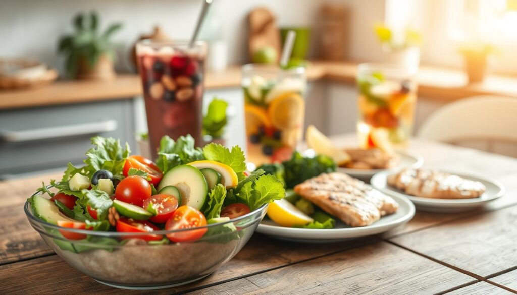 A visually appealing arrangement of healthy meal ideas on a rustic wooden table. In the foreground, display a colorful salad bowl filled with fresh greens, cherry tomatoes, cucumbers, and avocado slices, garnished with sesame seeds. Next to it, a small plate featuring grilled chicken breast with a lemon wedge and steamed broccoli. In the middle, a smoothie bowl topped with berries and nuts, accompanied by a refreshing glass of infused water with mint and lemon. The background should softly blur, showing a kitchen setting with natural light streaming in through a window, casting a warm glow on the food. The overall atmosphere should evoke a sense of freshness and health, suitable for a dieting theme.