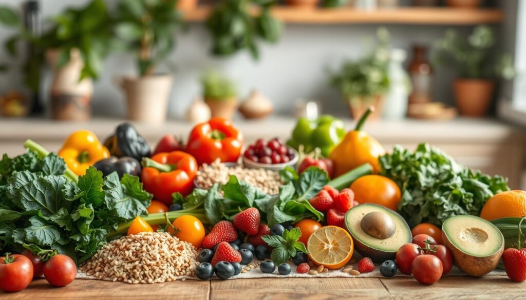 A visually appealing composition showcasing a vibrant, healthy spread of anti-inflammatory food alternatives. In the foreground, feature an array of colorful vegetables like kale, spinach, and bell peppers, alongside whole grains such as quinoa and brown rice. Interspersed are fresh fruits like berries, avocados, and oranges, representing healthy fats and antioxidants. In the middle ground, include a rustic wooden table with a light, natural linen tablecloth, enhancing the organic feel. The background should softly blur, depicting a sunlit kitchen with plants and herbs, creating a warm, inviting atmosphere. Use soft, diffused lighting to emphasize the freshness of the produce, with a shallow depth of field to focus on the food while maintaining a serene ambiance. The overall mood should be uplifting, promoting a sense of health and well-being.