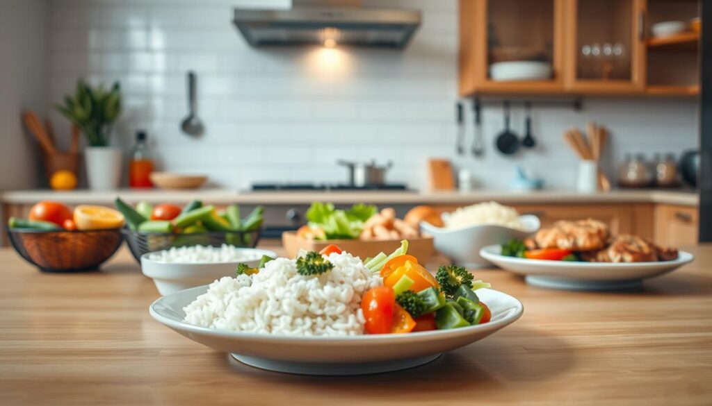 A visually appealing kitchen setting featuring a well-organized table with a variety of light, easy-to-digest foods, such as steamed vegetables, plain rice, and boiled chicken. In the foreground, a carefully arranged plate displays colorful, healthy dishes, emphasizing balance and simplicity. The middle ground highlights a subtle, soft-focus doctor’s notes or dietary guidelines about pre-X-ray diets. In the background, a calming kitchen with warm lighting creates an inviting atmosphere. The image conveys a mood of health and preparation, focusing on a clean and organized environment that inspires trust. Use a warm color palette with natural light to enhance the inviting feel, shot from a slightly angled perspective to add depth. No people should be present in the image. A visually appealing kitchen setting featuring a well-organized table with a variety of light, easy-to-digest foods, such as steamed vegetables, plain rice, and boiled chicken. In the foreground, a carefully arranged plate displays colorful, healthy dishes, emphasizing balance and simplicity. The middle ground highlights a subtle, soft-focus doctor’s notes or dietary guidelines about pre-X-ray diets. In the background, a calming kitchen with warm lighting creates an inviting atmosphere. The image conveys a mood of health and preparation, focusing on a clean and organized environment that inspires trust. Use a warm color palette with natural light to enhance the inviting feel, shot from a slightly angled perspective to add depth. No people should be present in the image.