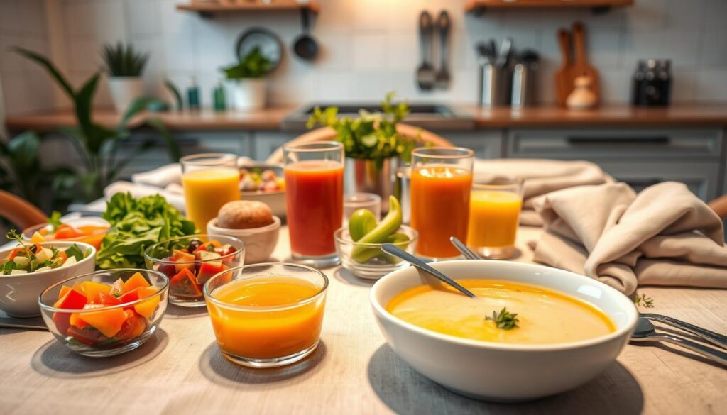 A visually appealing, well-organized dining table set for a semi-liquid diet menu. In the foreground, a colorful array of fresh and healthy foods, including pureed vegetables in small bowls, smoothies in glass cups, and a delicate soup served in a white ceramic bowl, garnished with herbs. The middle ground features a soft, textured tablecloth and tasteful napkins folded elegantly, enhancing the inviting atmosphere. In the background, a softly lit kitchen setting, with green plants and utensils adding a warm and homey feel. The lighting is warm and natural, creating a comforting ambiance that encourages wellness and nourishment. The camera angle is slightly above the table, providing a clear overview of the varied food options while maintaining an aesthetic and clean appearance.