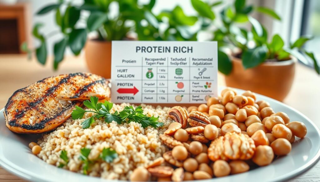 A visually engaging display of a balanced diet emphasizing protein-rich foods. In the foreground, a plate filled with an assortment of high-protein items: grilled chicken breasts, quinoa, chickpeas, and a sprinkle of nuts, beautifully arranged with fresh green herbs. In the middle, a well-designed diet chart illustrating recommended protein portions and their muscle benefits, with arrows pointing to each food item. In the background, a softly lit kitchen setting with a wooden table, surrounded by leafy plants to create a fresh atmosphere. Use natural lighting to highlight the freshness of the food, and a warm color palette to evoke a sense of health and vitality. The image should be inviting, informative, and encourage healthy eating habits. A visually engaging display of a balanced diet emphasizing protein-rich foods. In the foreground, a plate filled with an assortment of high-protein items: grilled chicken breasts, quinoa, chickpeas, and a sprinkle of nuts, beautifully arranged with fresh green herbs. In the middle, a well-designed diet chart illustrating recommended protein portions and their muscle benefits, with arrows pointing to each food item. In the background, a softly lit kitchen setting with a wooden table, surrounded by leafy plants to create a fresh atmosphere. Use natural lighting to highlight the freshness of the food, and a warm color palette to evoke a sense of health and vitality. The image should be inviting, informative, and encourage healthy eating habits.