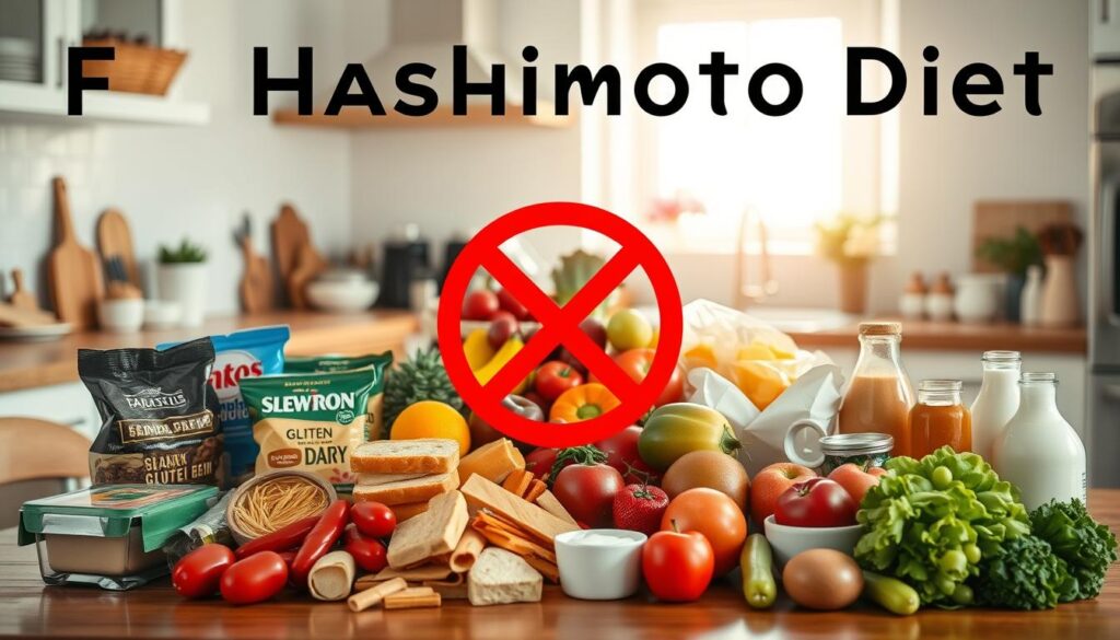 A visually engaging image illustrating foods to avoid on a Hashimoto diet. In the foreground, a well-organized table showcasing a variety of forbidden foods: processed snacks, gluten-rich items such as bread and pasta, soy products, and dairy, all artistically arranged. The middle layer features a colorful display of fresh fruits and vegetables that are safe for those with Hashimoto's, symbolizing healthy choices. In the background, a softly lit kitchen setting, with natural sunlight filtering through a window, enhancing the warm mood. The overall atmosphere is educational yet inviting, conveying a sense of awareness and health-conscious decision-making. Capture the image from a slightly elevated angle to provide a comprehensive view of the food items.