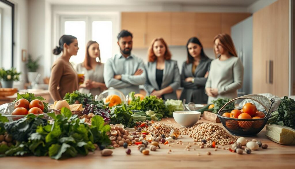 A visually engaging scene depicting the disadvantages of a vegetarian diet. In the foreground, a table cluttered with various vegetarian food items like leafy greens, legumes, and grains, some half-eaten, illustrating a sense of imbalance. In the middle ground, a diverse group of individuals in modest, professional attire are discussing and looking concerned over the food choices, with expressions reflecting confusion. The background features a bright kitchen setting, emphasizing warmth yet subtly highlighting shadows to suggest uncertainty. Soft, natural lighting spills through a window, creating a balanced atmosphere that conveys both health consciousness and the complexities of vegetarianism. The overall mood evokes a thoughtful, introspective tone, inviting viewers to consider the challenges associated with vegetarian diets.