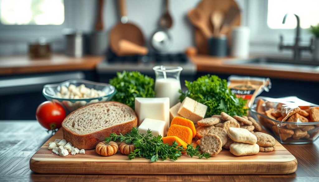 A visually striking composition focusing on a variety of foods to avoid in a Hashimoto diet. In the foreground, display an assortment of prohibited items like gluten-rich bread, processed dairy products, and sugary snacks arranged artistically on a wooden cutting board. The middle ground includes fresh herbs, representing healthier alternatives, subtly blending into the scene. In the background, soft lighting creates a warm and inviting kitchen atmosphere, with a blurred view of cooking utensils and natural light filtering through a window. The overall mood conveys caution and awareness, aimed at educating viewers about dietary restrictions in a gentle yet clear manner. A camera angle from above captures the layout beautifully, emphasizing the contrasting colors and textures of the foods.